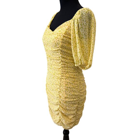 New ALL IN FAVOR Women's Yellow Floral Sasha Ruched Mini Dress Size S - Picture 4 of 8